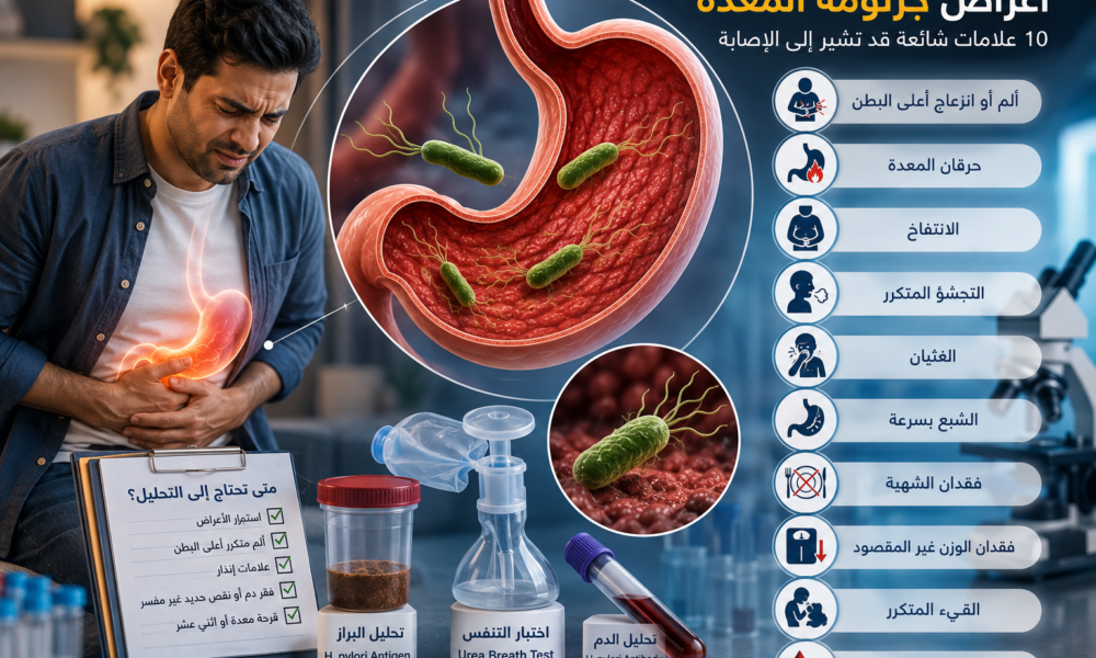 أعراض جرثومة المعدة وألم أعلى البطن ومتى يجب إجراء تحليل H pylori