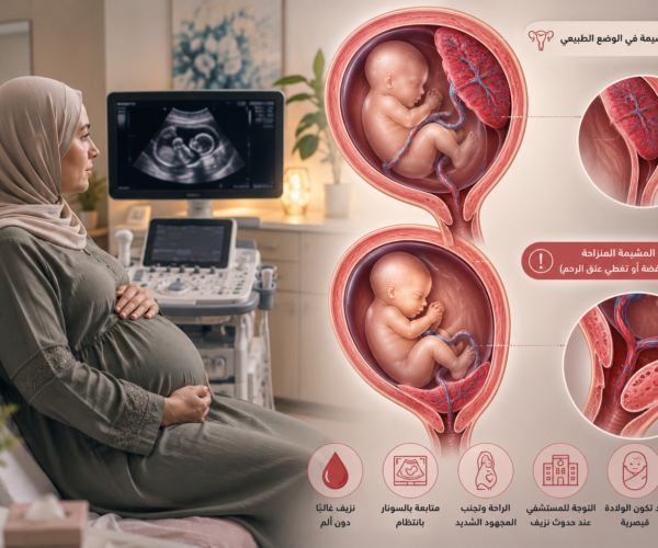 ما معنى المشيمة المنزاحة أو نزول المشيمة؟ تعرفي على أسباب المشيمة النازلة وأعراضها وعلاقتها بالنزيف والولادة القيصرية، وكيف تتم متابعة الحمل عالي الخطورة في تبوك.