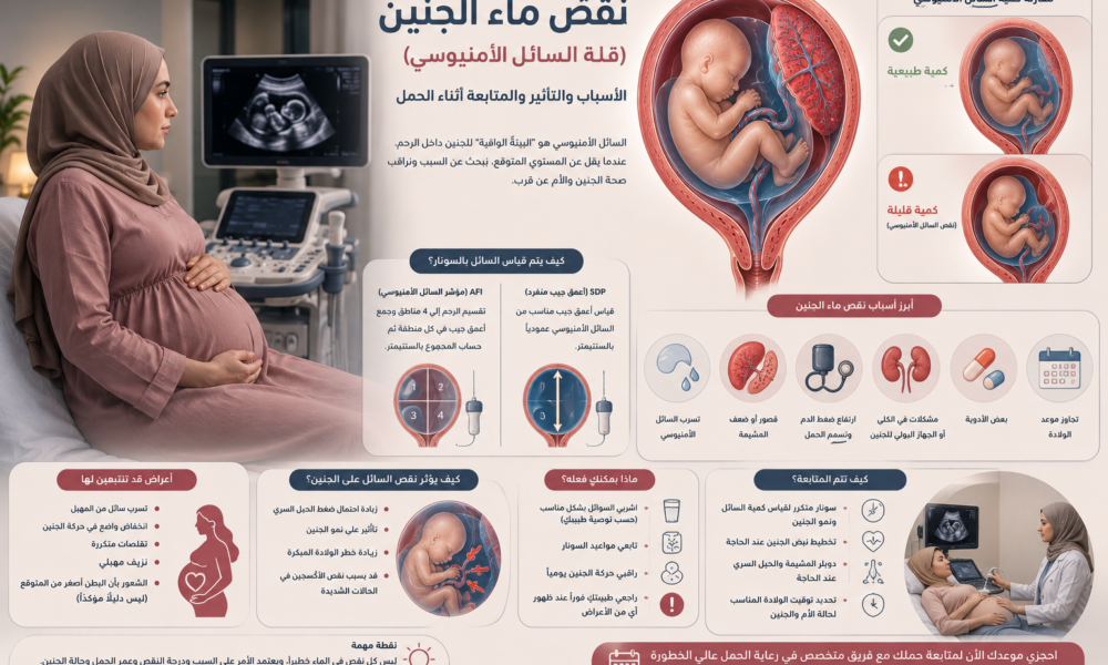 ما أسباب نقص ماء الجنين؟ تعرفي على أعراض قلة السائل الأمنيوسي، وكيف يتم قياس ماء الجنين بالسونار، وتأثير نقصه على نمو الجنين والولادة ومتى تحتاج الحامل إلى متابعة الحمل عالي الخطورة في تبوك.
