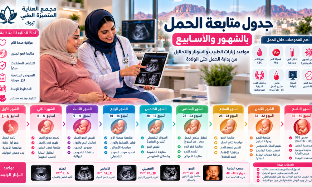 جدول متابعة الحمل بالشهور والأسابيع ومواعيد السونار والتحاليل في تبوك